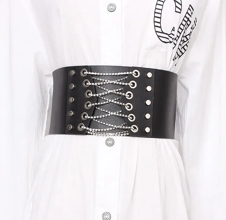 Women's runway fashion diamonds pu leather bandage Cummerbunds female Dress Corsets Waistband Belts decoration wide belt R1915 - Цвет: black