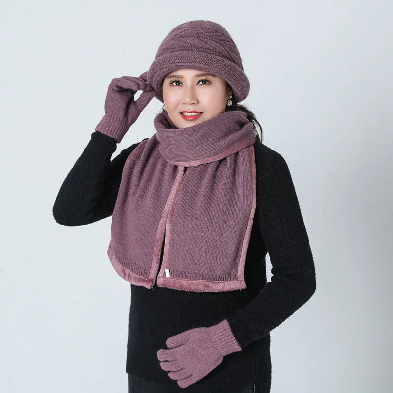 Middle-aged Lady Hat Autumn Warm Wool Mixed Warm Hat Woolen Cap Middle Age Mother Grandmother Knitted Hat scarf gloves Hat