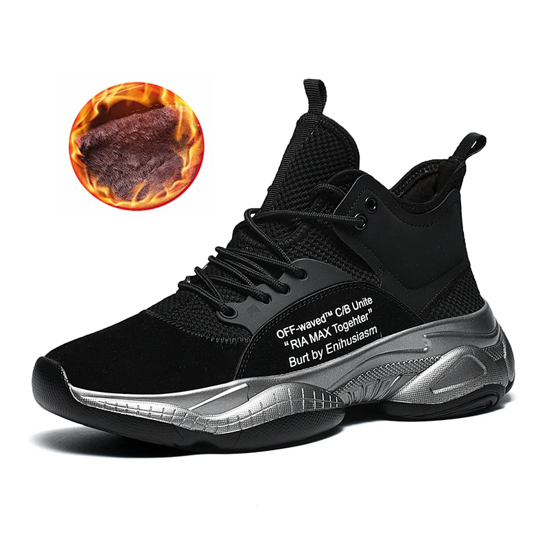 Новые зимние мужские кроссовки с мехом плюшевые теплые зимние сапоги уличная спортивная обувь для мужчин спортивные кроссовки кожаная обувь - Цвет: Pur Black