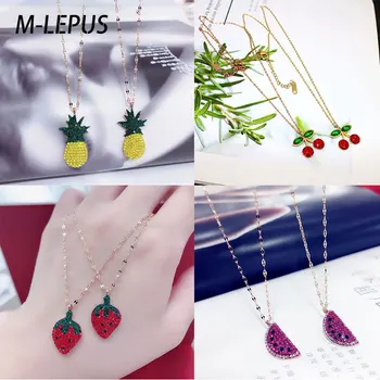 

Cartoon fruit pendant necklace cherry strawberry watermelon pineapple necklace titanium stainless steel zircon ladies gift