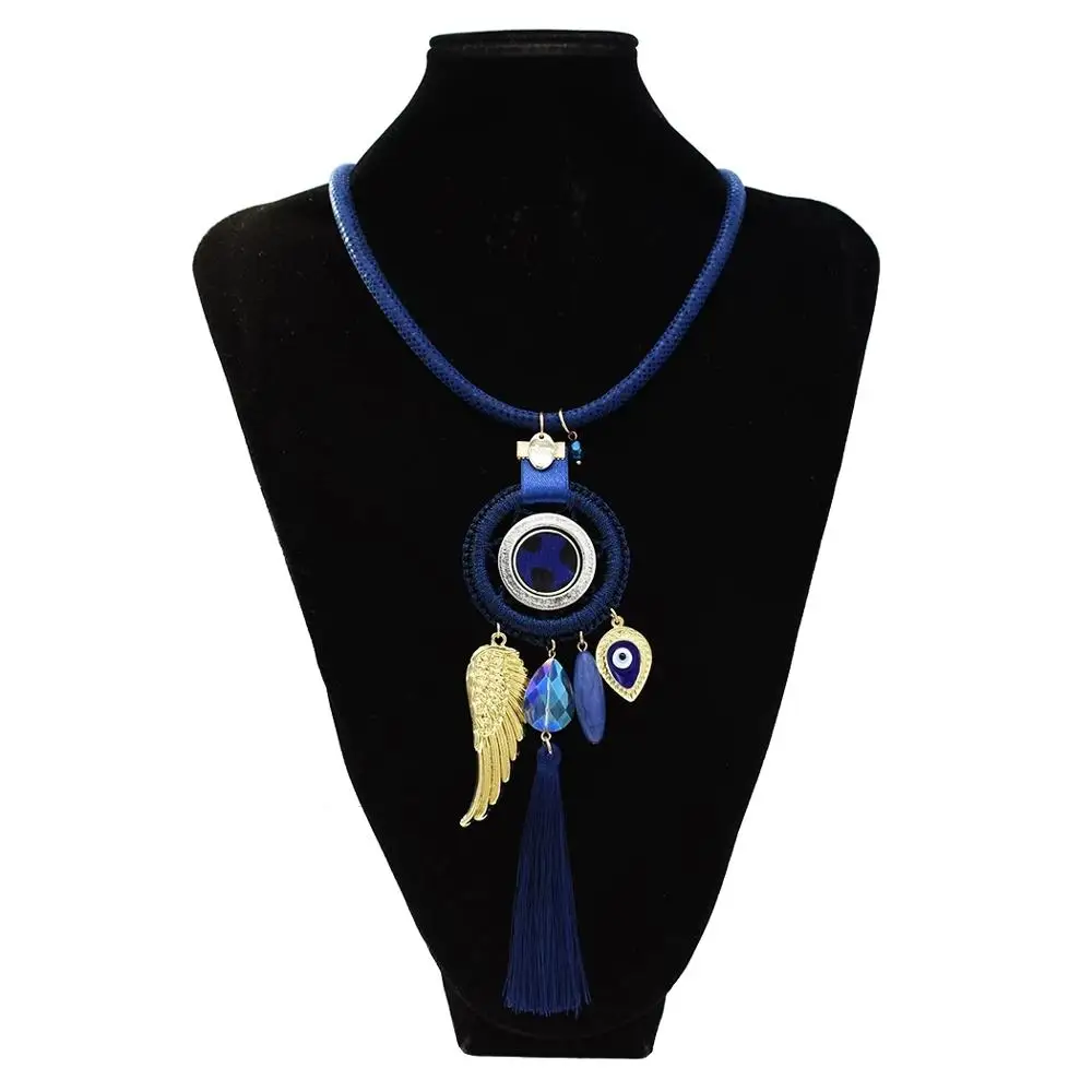 

New fashion retro Fish Horse Wing Moon Shape Pendant Eye Tassel Woven Necklace Earrings bohemian personality jewelry set