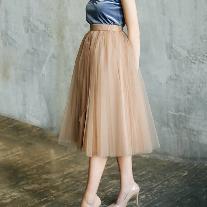 Custom Made Women Brown Tulle Skirts Womens Long Maxi Skirt Female Elastic High Waist Pleated Tutu Solid | Женская одежда