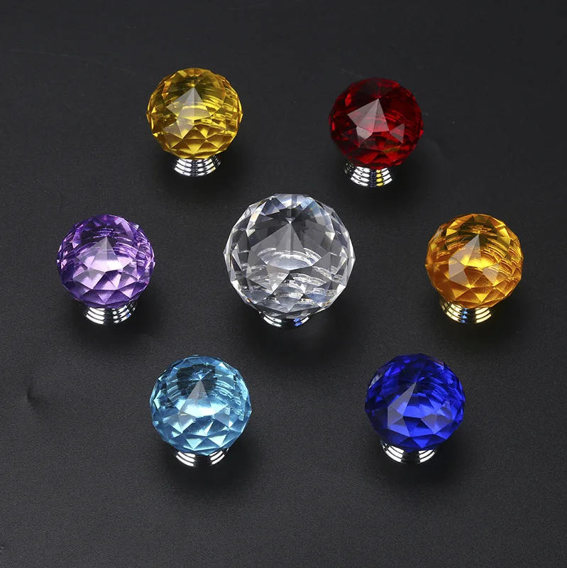 Round Diamond Crystal Glass Knobs Cupboard Pulls (4)
