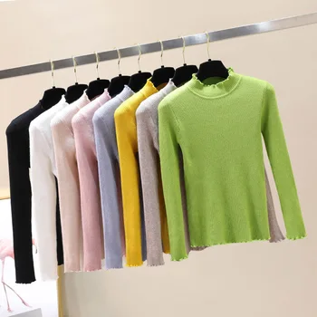 

Autumn Winter Sweaters Women's 2019 Long Sleeve Knitted Sweater Ruched Tops Leisure Retro Turtleneck Pullover Jumper Korean Top