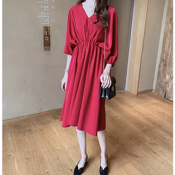 

Women's Dress 2019 Fashion Casual KOREAN Women's Red V-neck High Waist Slim Large Size Black Dress 4XL Summer Vintage Dress