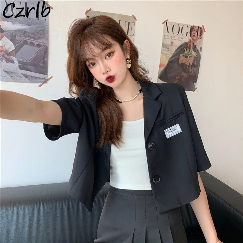 【WOOHWA】SINGLE CROP BLAZER Women Solid Cropped Blazer Long Sleeve Single Button Casual