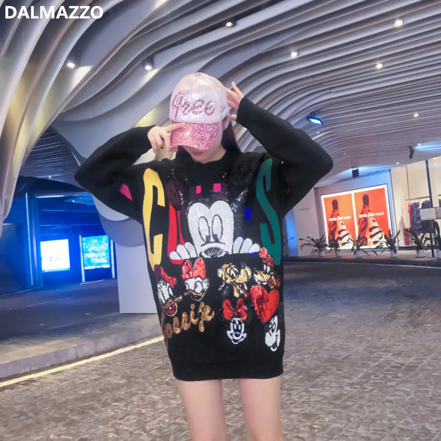

Women Runway Black Knitted Loose Large Size Long Sweater 2019 Autumn Winter Cut Cartoon Sequins Thick Warm Sweaters Tops Female