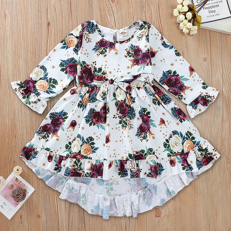 

2019 Kids Dresses for Girls Long Sleeve Fall Dress Floral Dress Toddler Girl Costume 2 To 7 Years Wholesale Lots Bulk Clothes