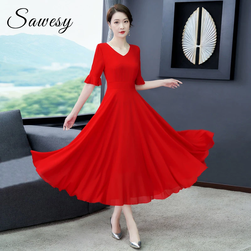 Chiffon Elegant Casual Plus Size Long Dresses Women 2020 Summer New Arrival V Neck Short Sleeve Midi Swing Dress Red Black | Женская