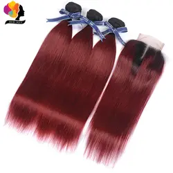 Remyblue прямые пучки волос с закрытием T1B/99J предварительно цветные бордовые перуанские человеческие волосы 3 пучка с закрытием remy волосы