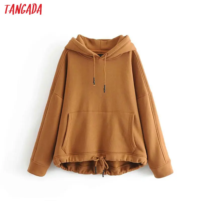 Tangada, Женские флисовые пуловеры, толстовка, Осень-зима, женские одноцветные пуловеры оверсайз, повседневные, с карманами, с капюшоном, топы 4M41