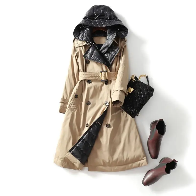 Khaki FTLZZ Зимняя парка на 90% утином пуху длинная куртка со съемным капюшоном теплая двубортная верхняя одежда высокого качества с поясом - Цвет: Khaki