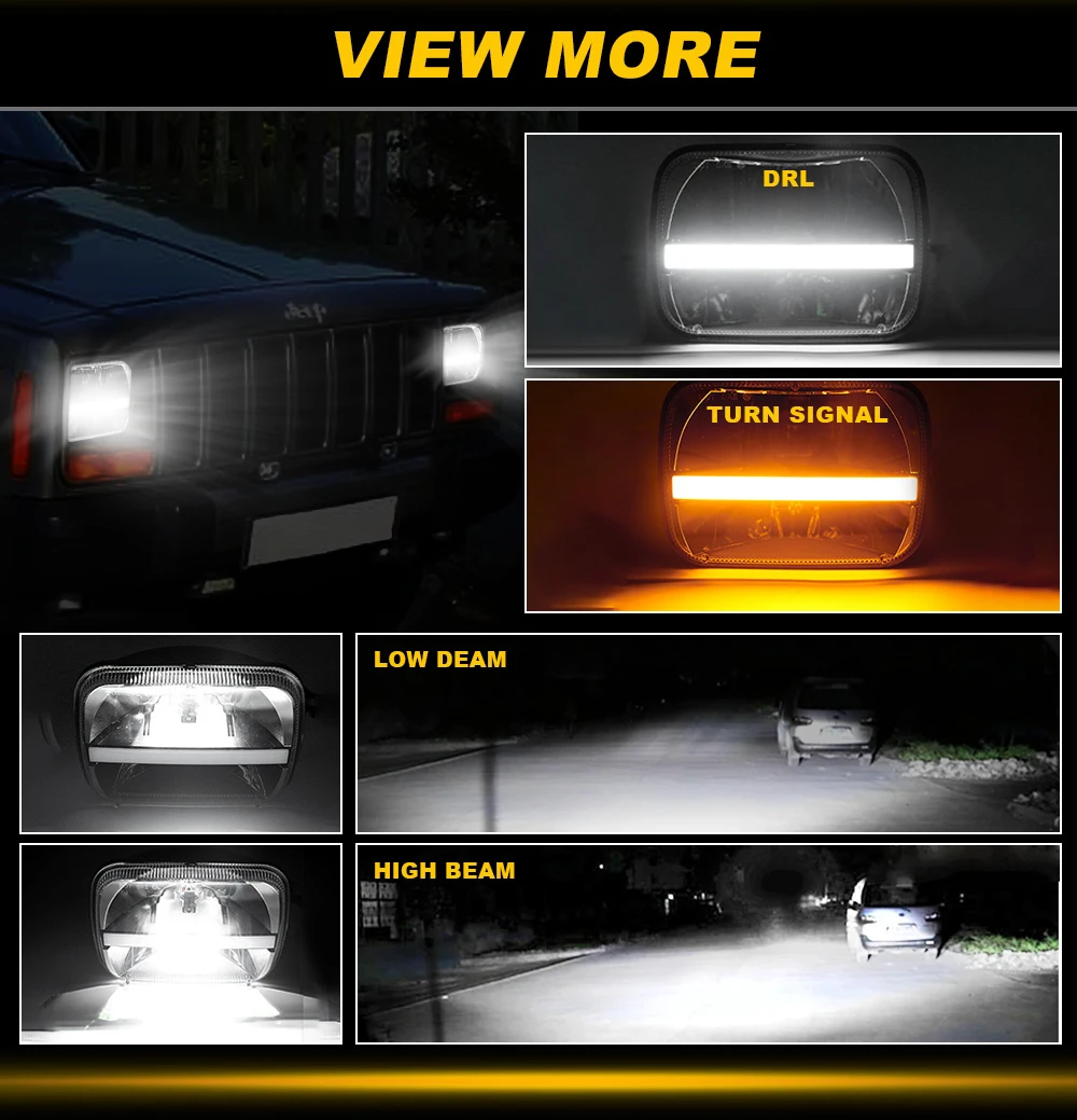Black 5x7" 7X6" Inch Square Led Headlight Retangular High/Low Beam Daytime Runni