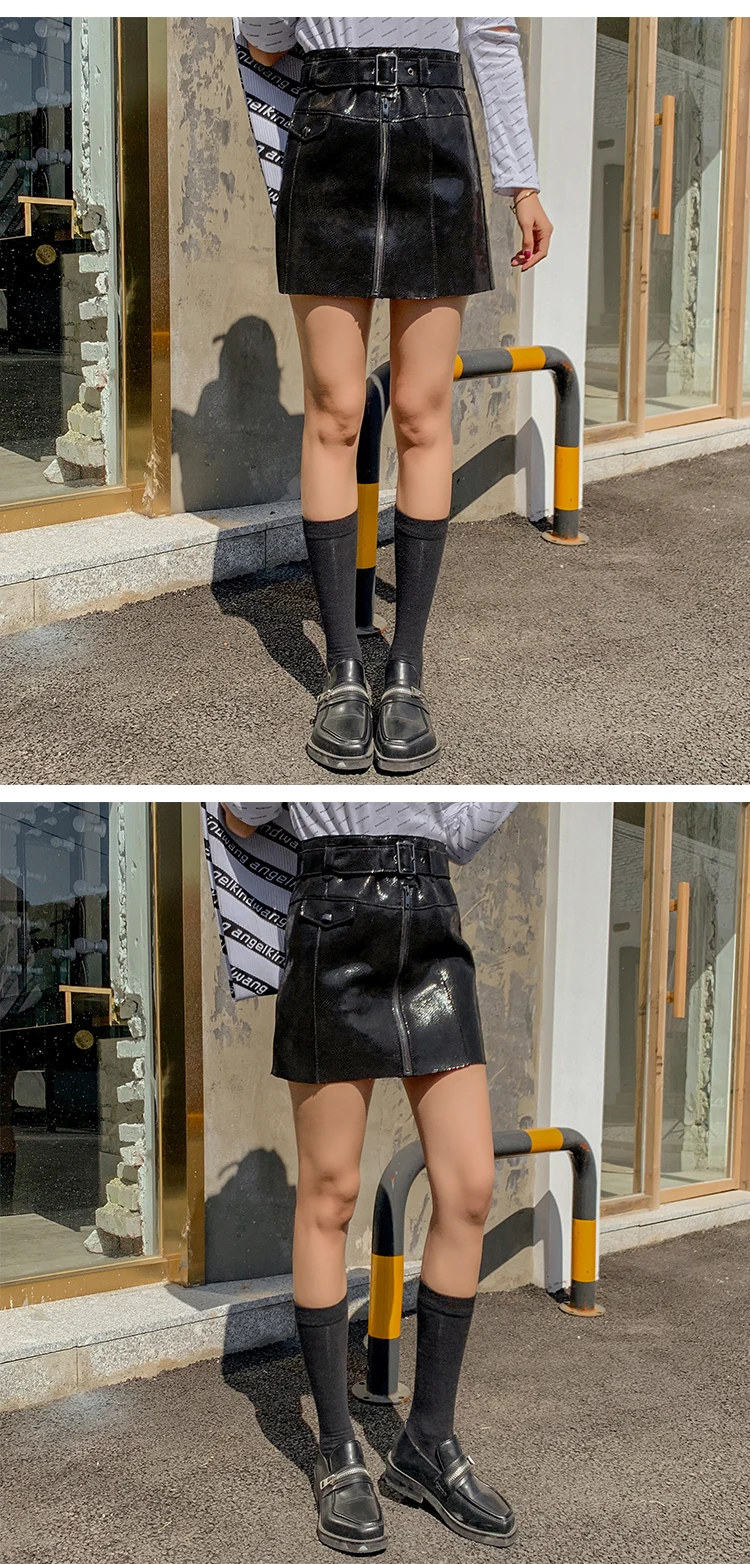 Юбка из натуральной кожи Highstreet Moto с пряжкой и поясом, высокая талия, молния спереди, овчина, трапециевидные юбки, Женская Осенняя Повседневная Однотонная юбка