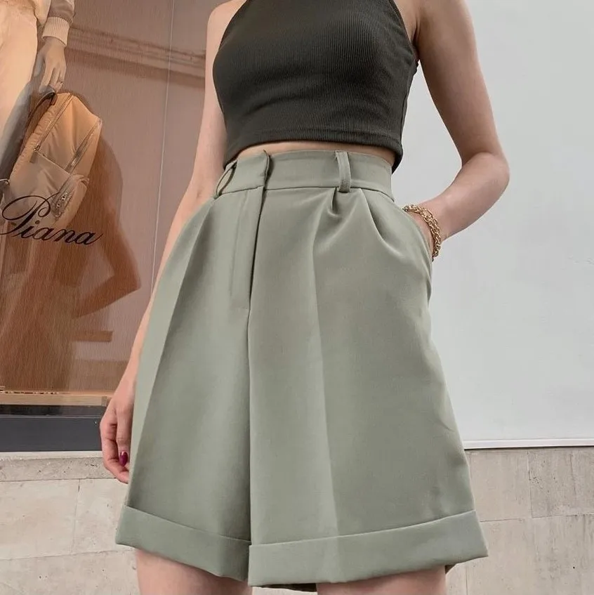 Women  Chic Fashion Buttons Decorate Side Pockets Shorts Vintage High Waist Zipper Fly Female Short Pants Mujer