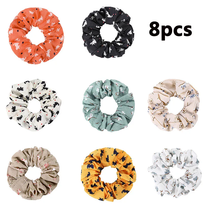 AWAYTR 8Pcs Fabric Print Scrunchies for Women Elastic Hair Bands Girl's Hair Tie Headwear Ponytail Holder Hair Accessories