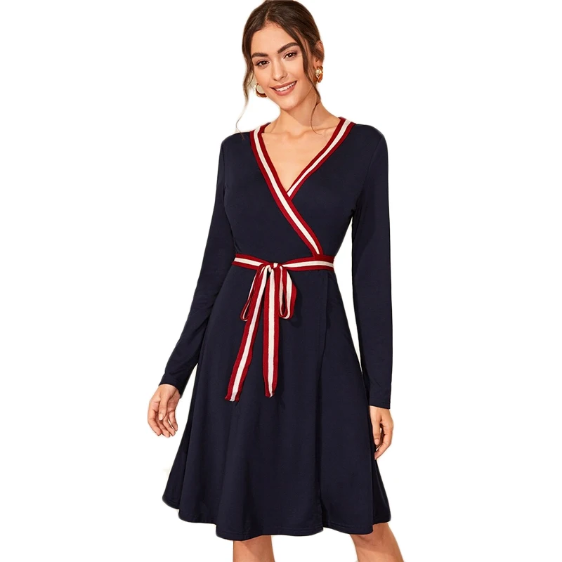 Sheinside Elegant Stripe Trim Patchwork Dress Women Autumn V Neck Wrap A Line Dresses Ladies Navy High Waist Belted Dress