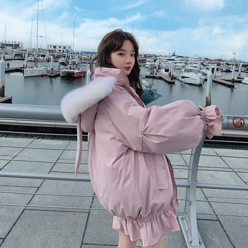 

Photo Shoot Main Push Off-white Hooded Large Fur Collar Embroidered Rabbit Eared Shirred Flounced down Coat Cotton Overcoat Wome