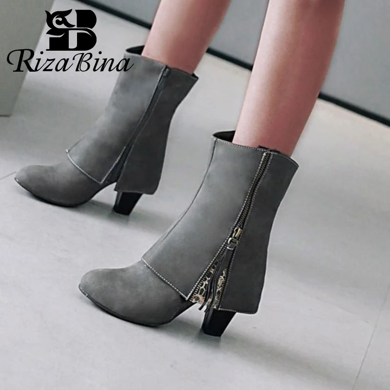 

RizaBina Plus Size 34-44 Women Ankle Boots Fashion Zipper Winter New Shoes Women Keep Warm Fur Office Ladies High Heel Boots