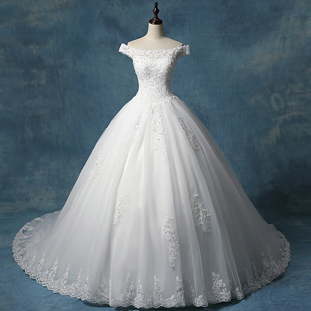 Vestido de Noiva Boat бальное платье с круглым вырезом Свадебное платье с отделкой бисером аппликации Роскошная скня Slubna слоновая кость Тюлевое
