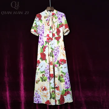 

Qian Han Zi Designer Fashion 2020 Summer Dress Women Bow Collar Flower Print Slim Elegant Mid-Calf Dress