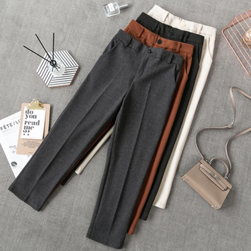 

High Waist Woman Woolen Pants Loose Apricot Gray Business OL Blazer suit Pants Female Autumn Winter New