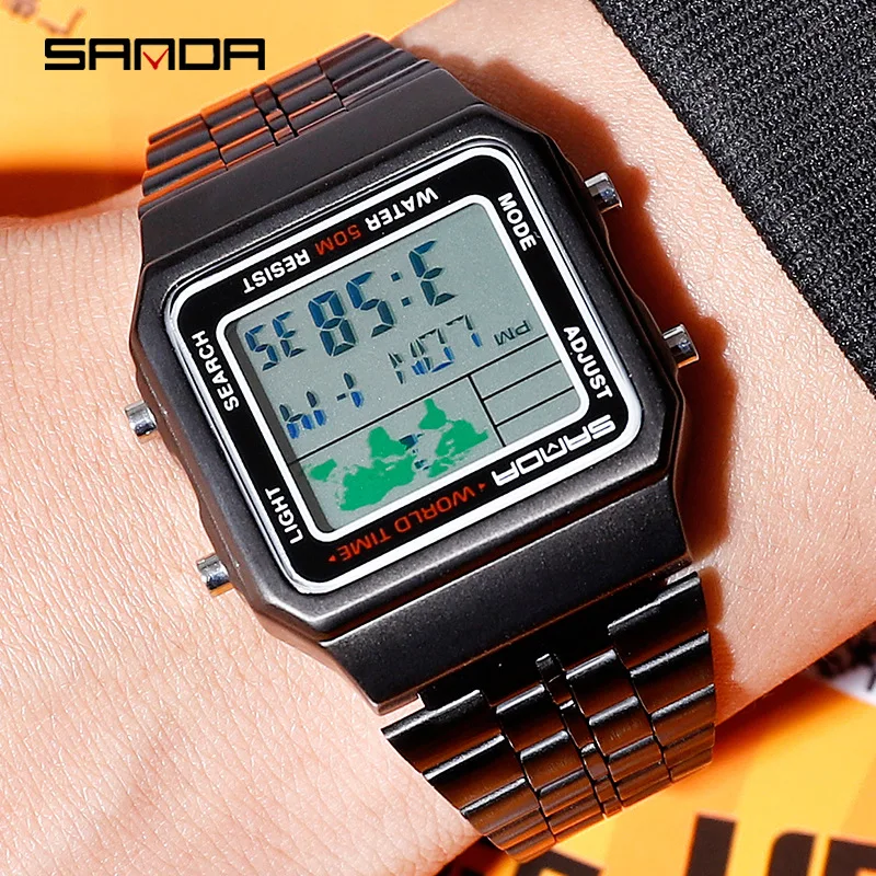 

New Square Outdoor Sports Men 's Waterproof Digital Watch Hand Lamp Electronic Watch World Map Reloj Luxury Brand Man Watch