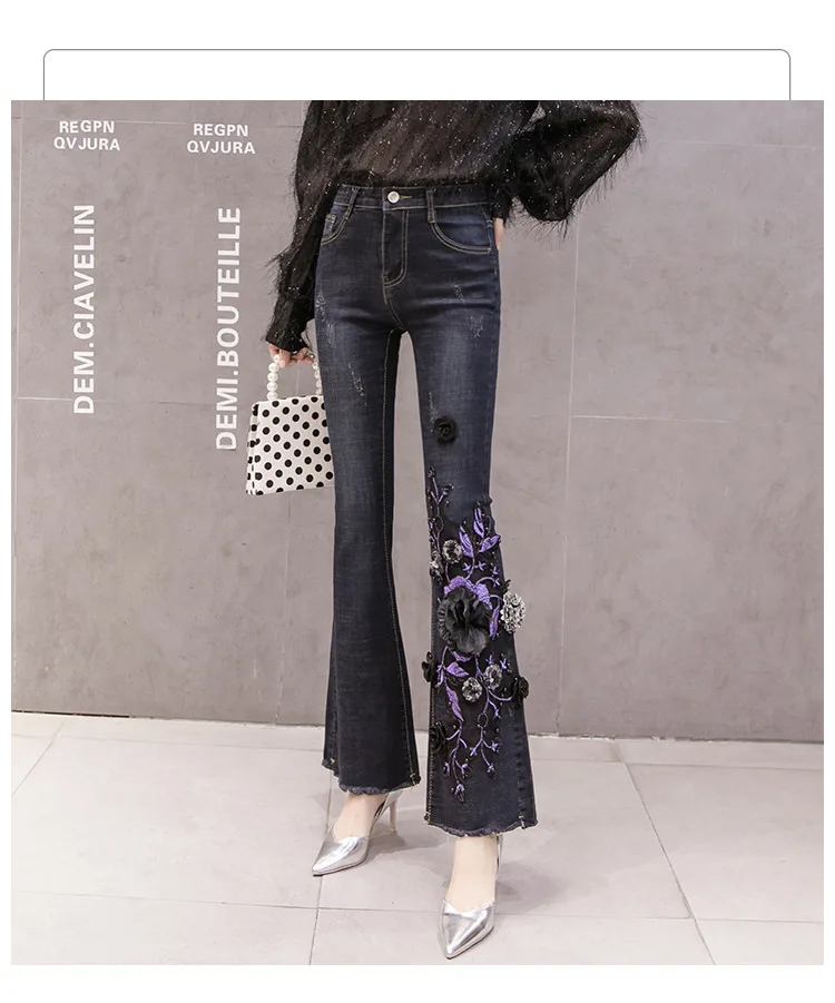autumn winter zipper waisted flare long blue vintage denim jeans for women vintage embroidery women's pants trousers S-XXL