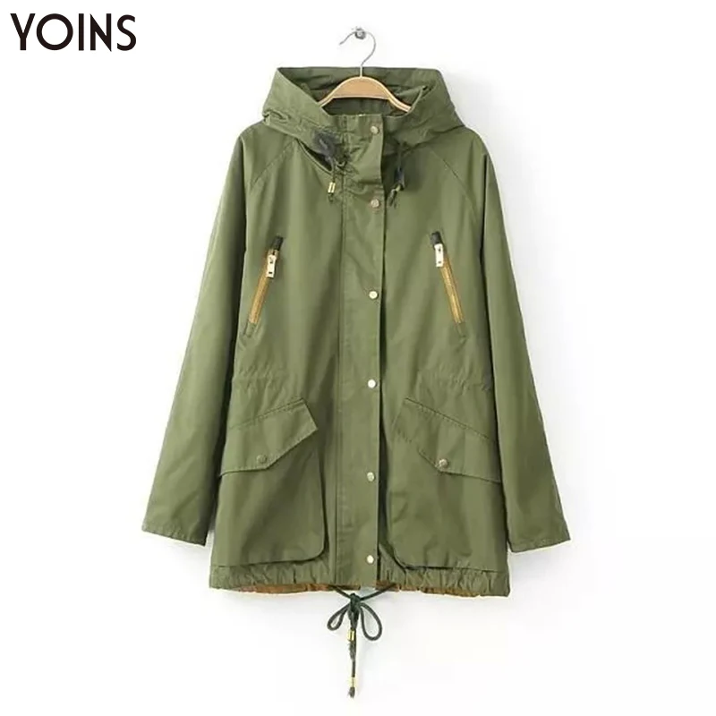 

YOINS 2019 Autumn Winter Women Parka Coat Hooded Contrast Zipper Button Jackets Pockets Drawstring Long Sleeves Manteau Femme