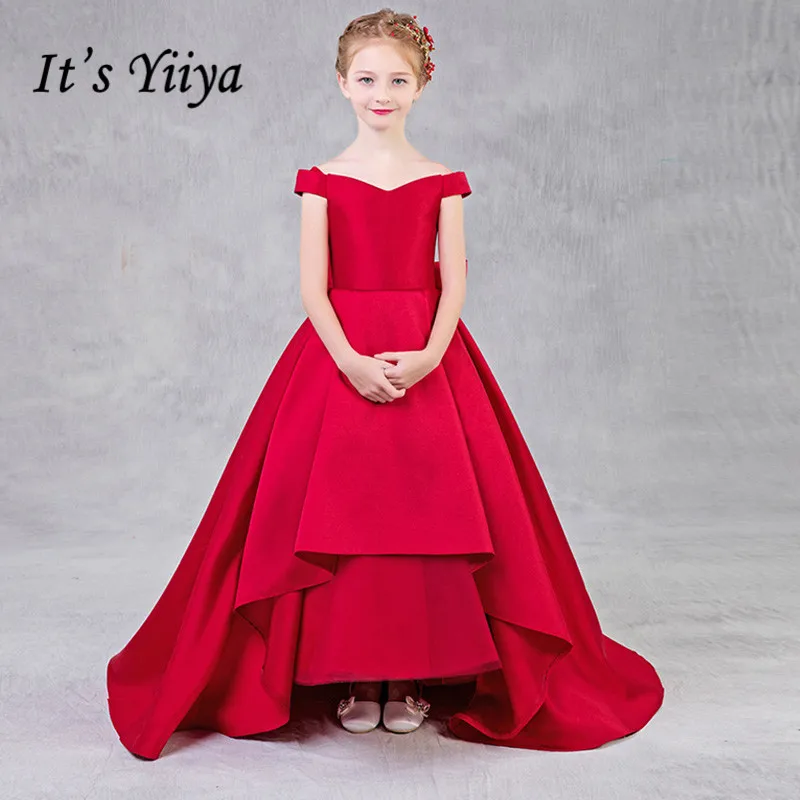 Girls First Communion Dresses It's Yiiya B058 Off The Shoulder Flower Girl for Weddings Red Stain With Boat Pageant Gown | Свадьбы и