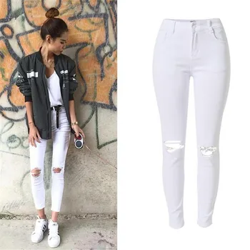 

2019 new fashion solid color high waist slim stretch feet jeans casual hole street large size jeans
