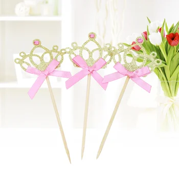 

20pcs Crown Cake Cupcake Topper with Ribbon Bowknot Wedding Party Birthday Dessert Fruit Decoration (Gold)