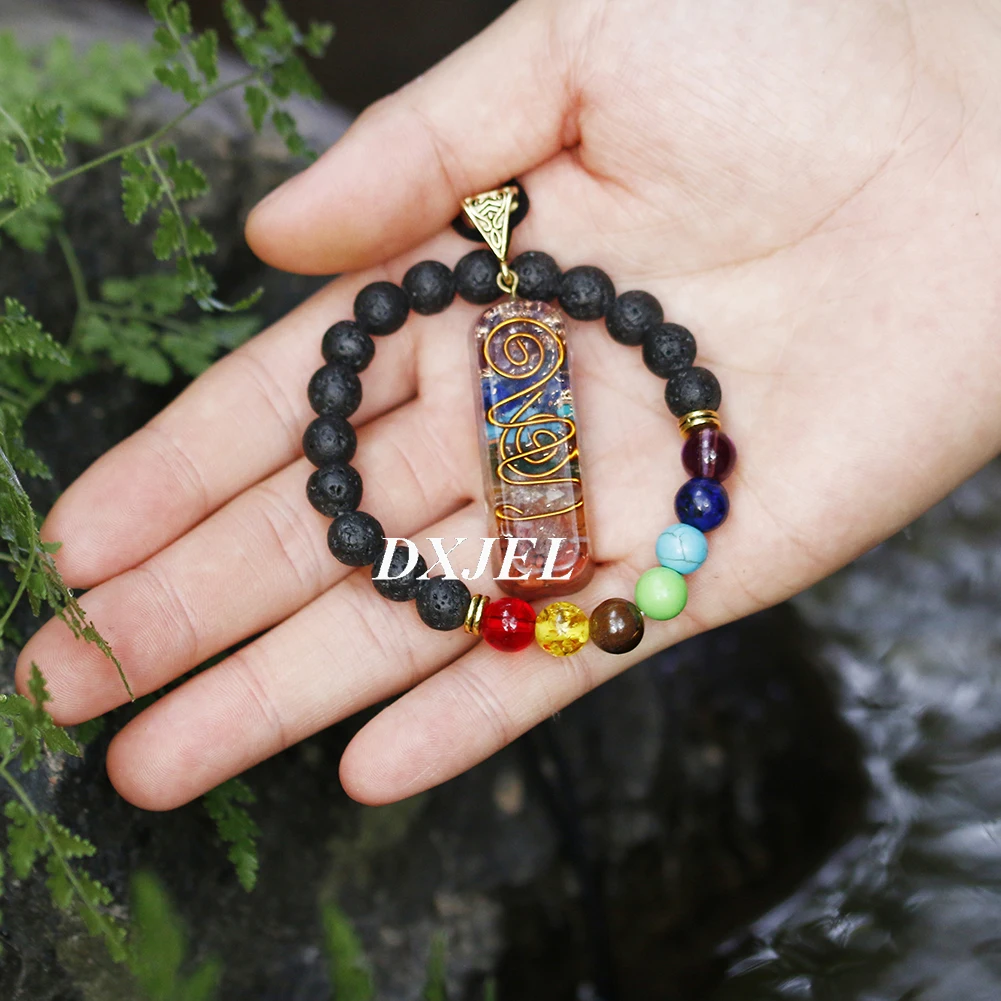 DXJEL 7 Chakra Orgone Energy Healing Pendant with Bracelet Rainbow Crystal Meditation Necklace Resin Jewelry For Women Men Gifts
