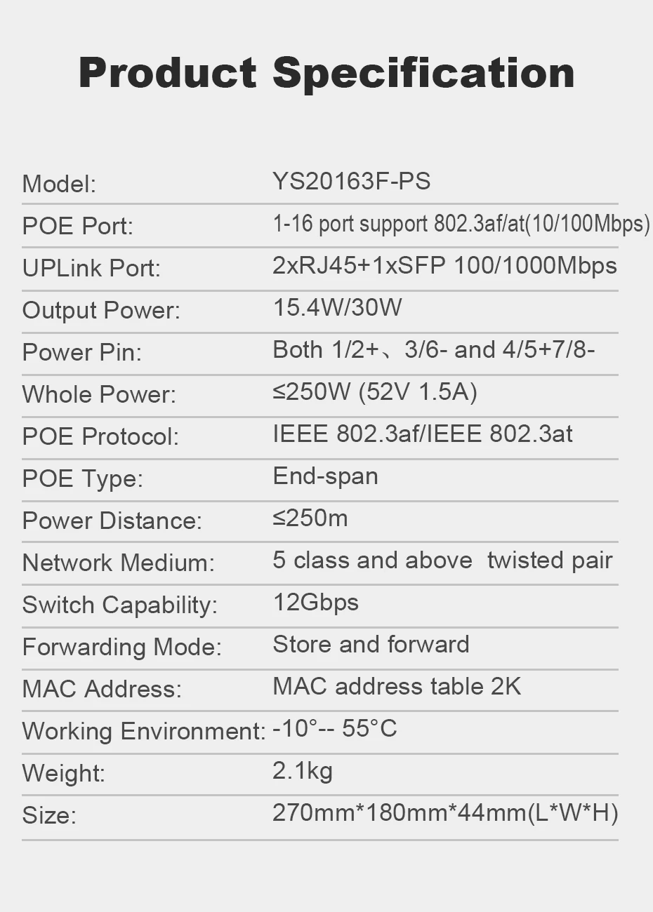 Коммутатор YuanLey с 16 портами PoE, 2 гигабитных канала связи, 1 порт SFP, Встроенная Мощность 250 Вт, 802.3af/at, монтируемый в стойку неуправляемый разъем Plug and Play