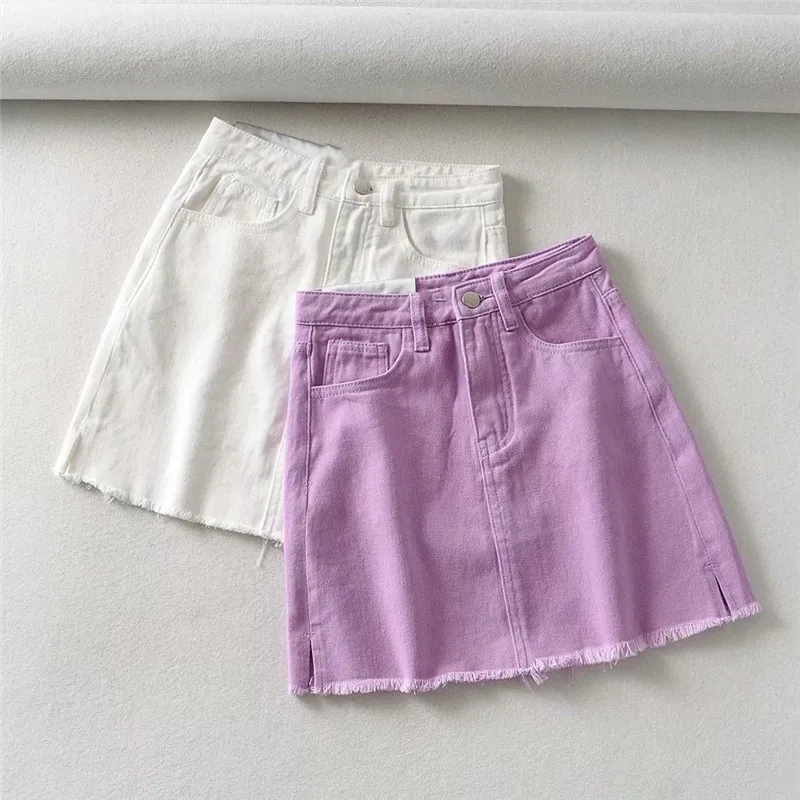 

Spring and summer new style street solid color raw edge A-line skirt women, high waist slimming casual short denim skirt women