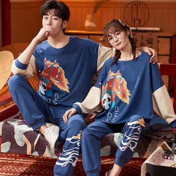 

XIZOU Lover's Cotton Sleepwear Women Pajamas Set Couple Home Suit Simple Fashion Pijamas Casual Homewear Loose Nighty Pyjamas