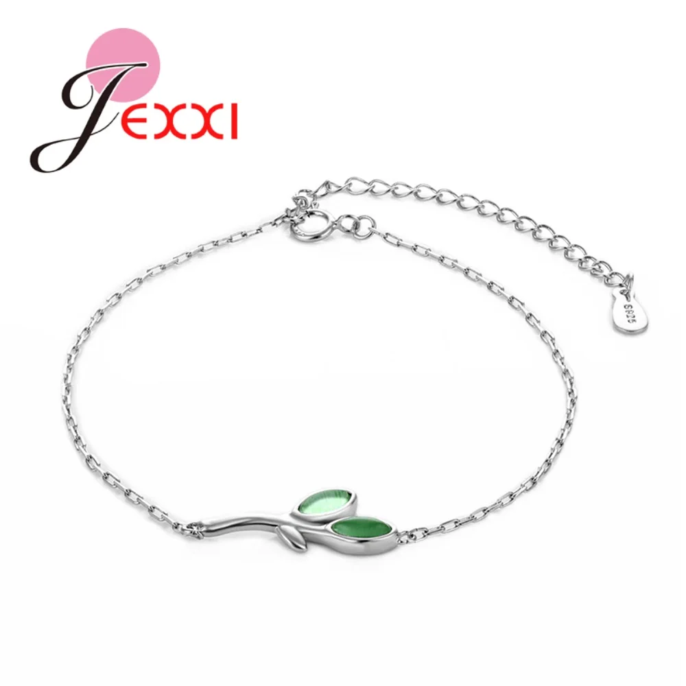 

Elegant Fresh 925 Sterling Silver Tender Bud Leaf Bracelet Female Green Austrian Crystal Personality Valentine Day Gifts Jewelry