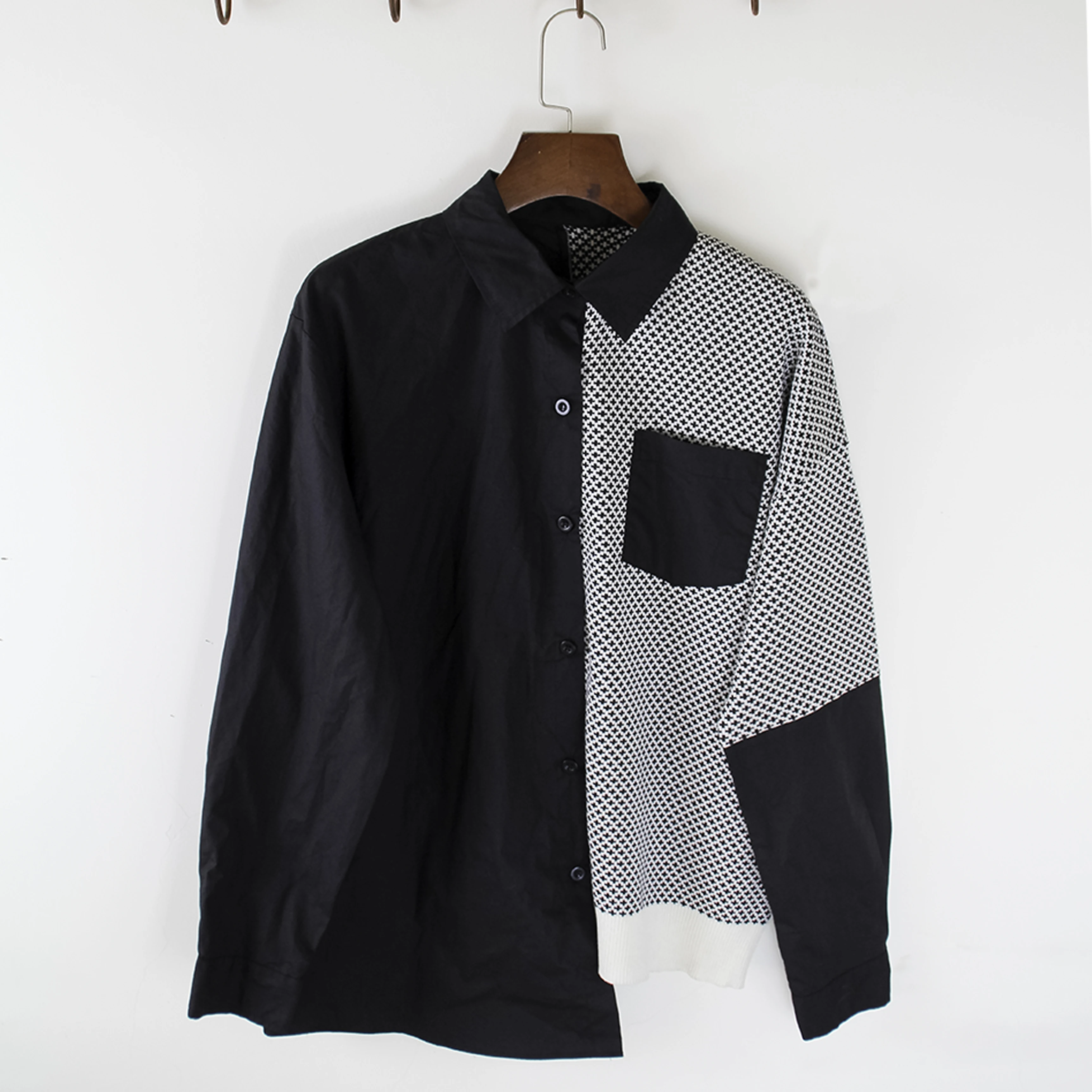 

2020 Spring New Women Shirt Turn-Down Long Sleeve Knitted Patchwork Houndstooth Irregular Lady Blouse Casual Symmetric Top
