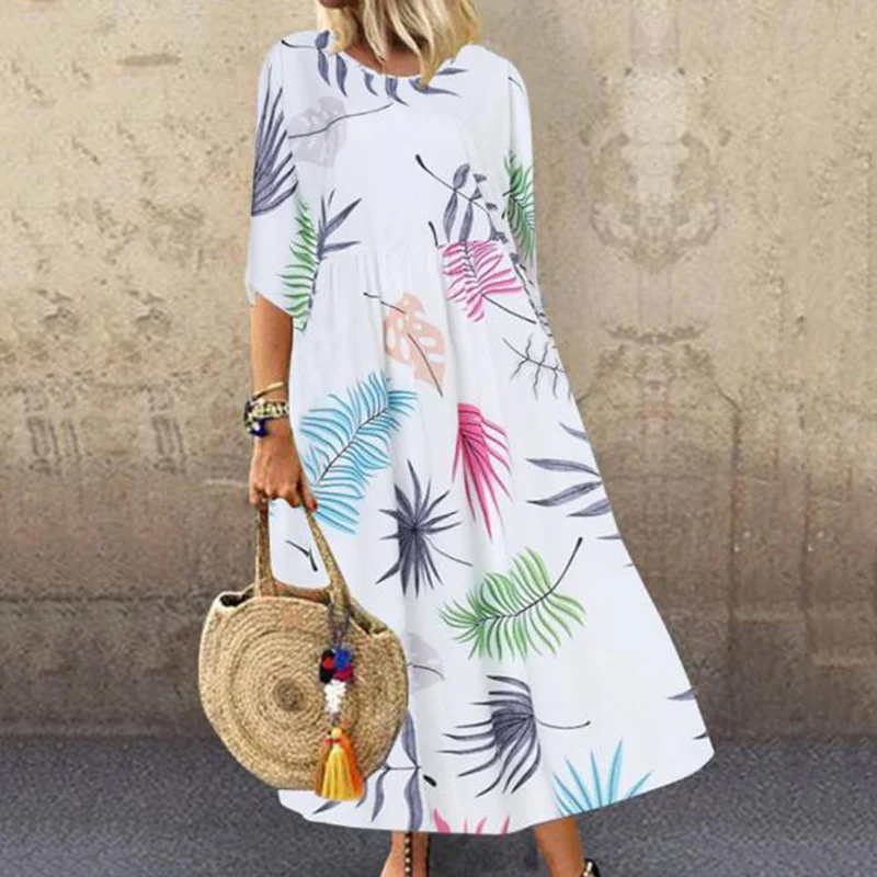 Летнее платье женское повседневное свободное с круглым вырезом средней длины