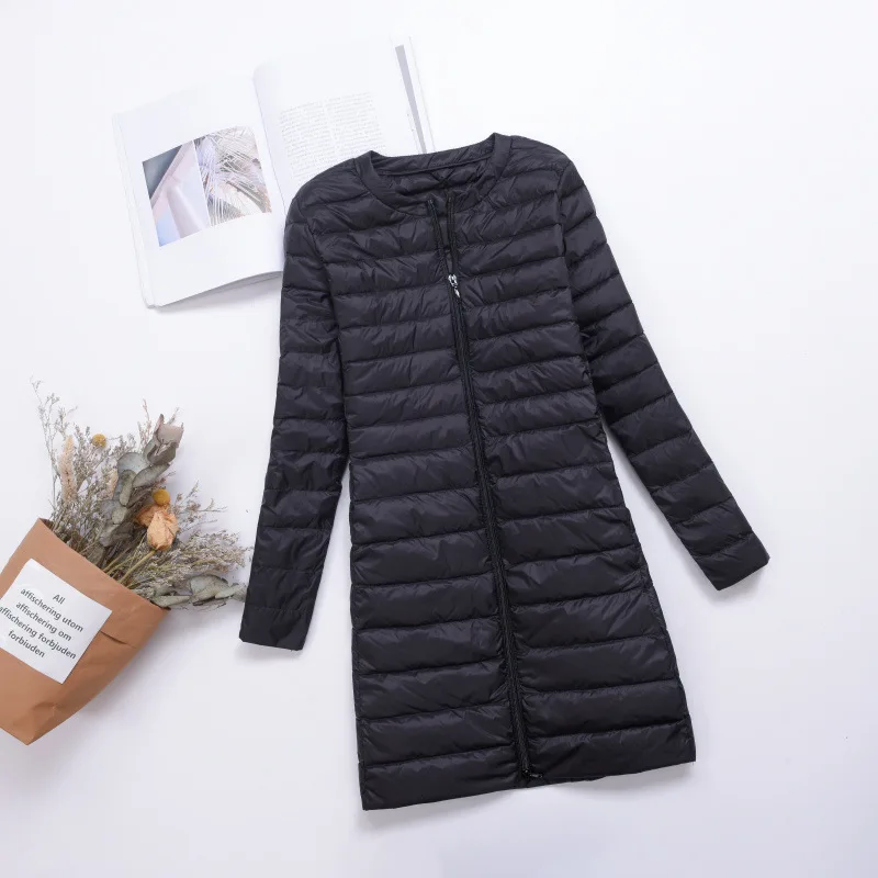Стиль корейско-Стиль Slim Fit для похудения легкий свитер с круглым вырезом и застежкой-молнией пуховик Для женщин средней длины