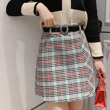 

Houndstooth Plaid Mini Skirts Autumn Winter Wool Skirts Women with Belt Vintage Pencil Skirt Plus Size A-Line Zipper Shorts W362