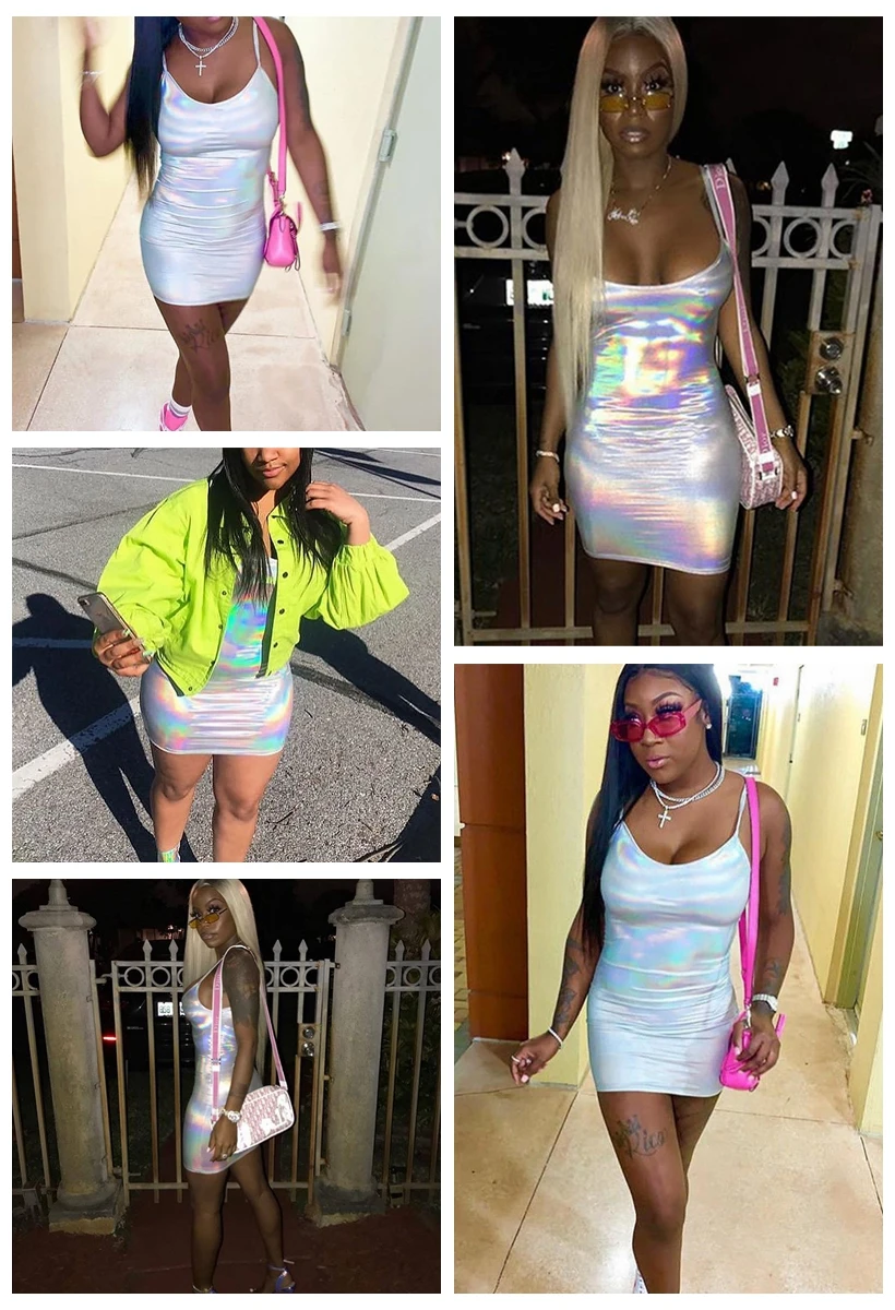 Bling Holographic Reflective Mini Dress Women Spaghetti Strap Silver Bodycon Dress Summer Party Vestidos Clubwear For Lady