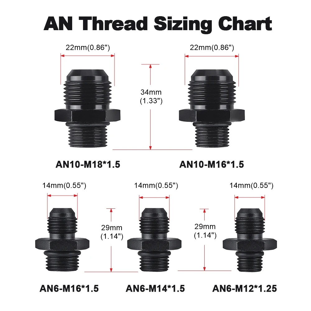 Straight Aluminum Male Flare AN6 to M12*1.5 M14*1.5 M16*1.5 M18*1.5 Male Metric Thread Pipe Fuel Fitting Adapter Black Anodized oil line fitting adapter