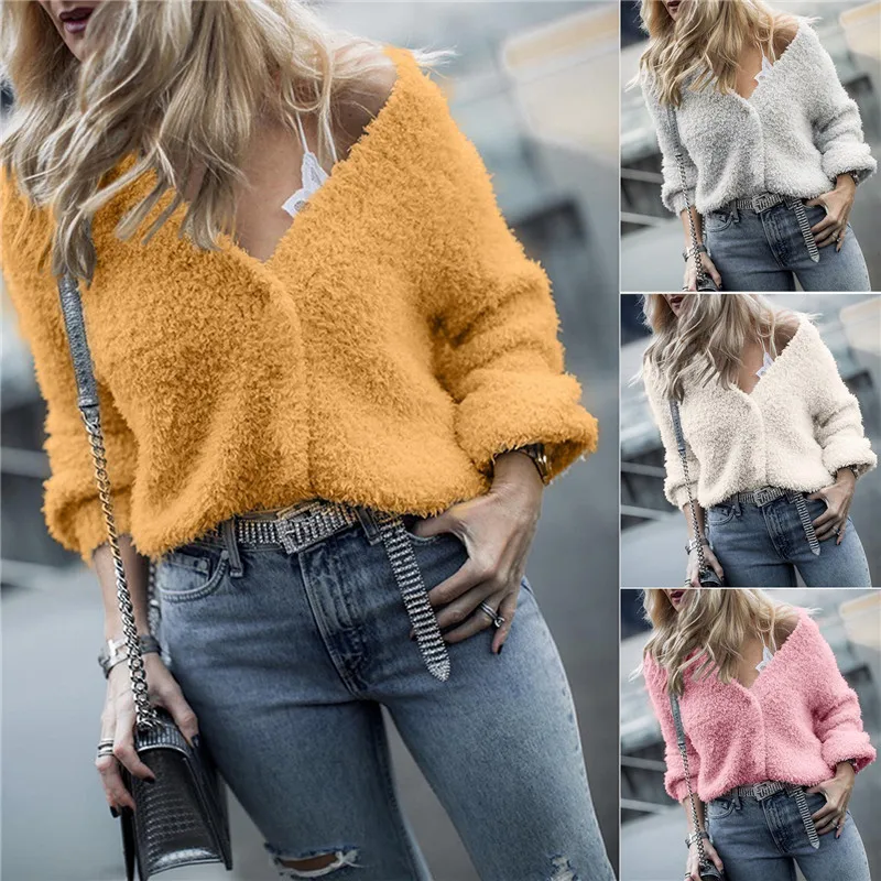 

Woolen Plush Sweater Women Sexy V-Neck Button Up Sweaters Tops Long Sleeve Streetwear Jumper Pullovers Shirts 2019 Pull Femme