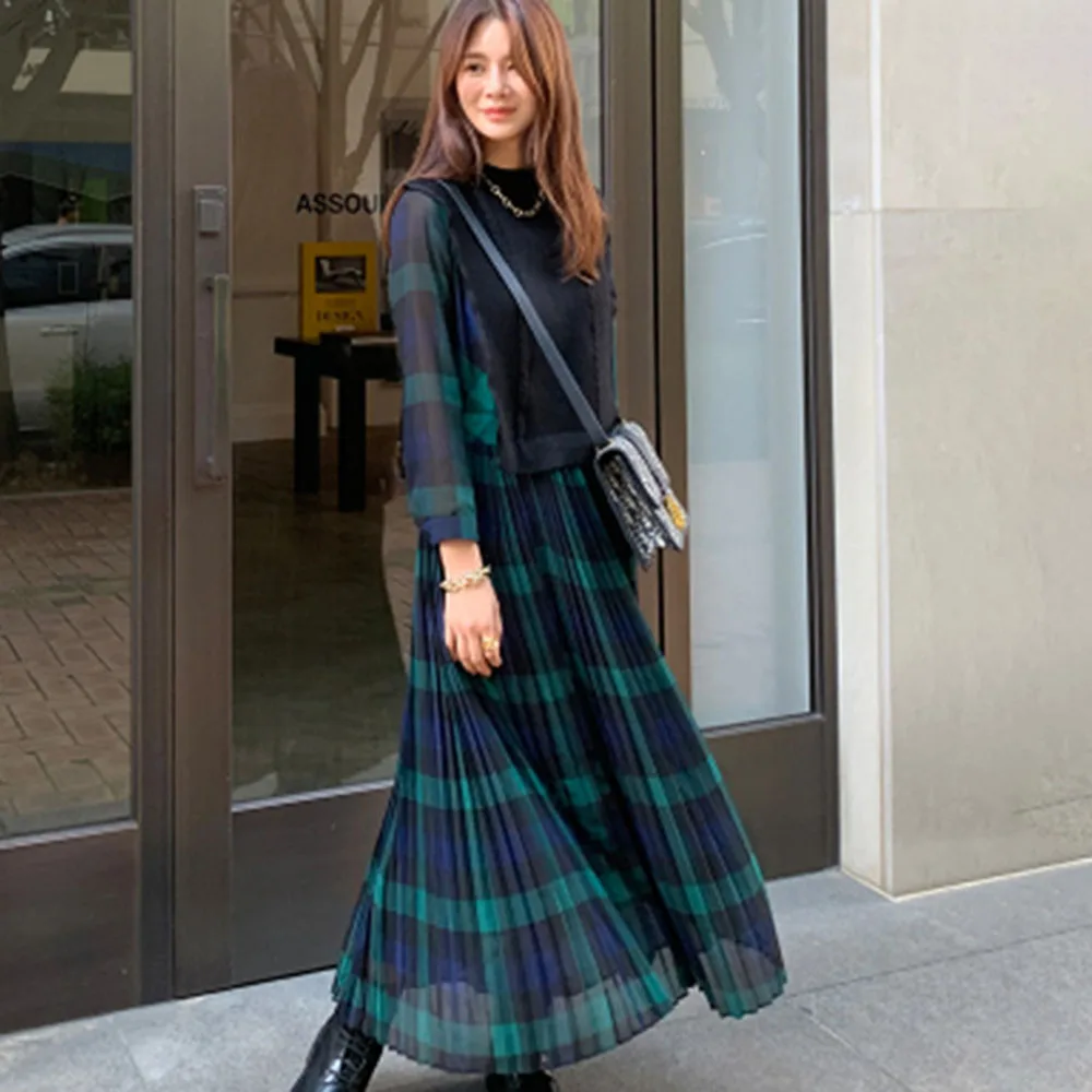 Wholesale qBFc5 Korean Style Plaid Women Long Dresses Spring Autumn 2019 Pleated High Waist Daily Date Dress Robe Femme Vestiods Maxi Dress Wholesale qBFc5 Korean Style Plaid Women Long Dresses Spring Autumn 2019 Pleated High Waist Daily Date Dress Robe Femme Vestiods Maxi Dress