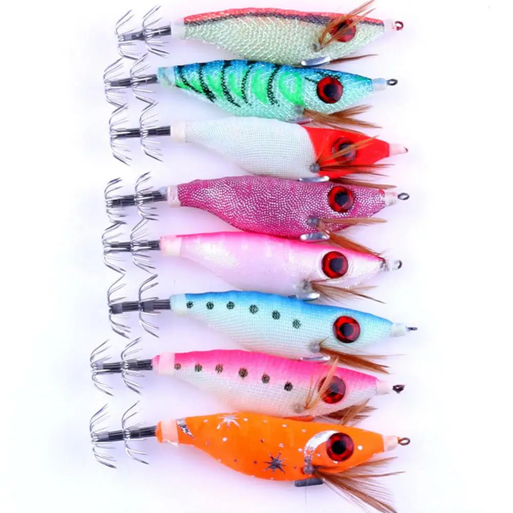 

8pcs/lot Luminous Octopus Squid Jig Fishing Lures 10cm 9g Artificial Hard Bait Wood Shrimp With Squid Hooks Sea Fishing Lure