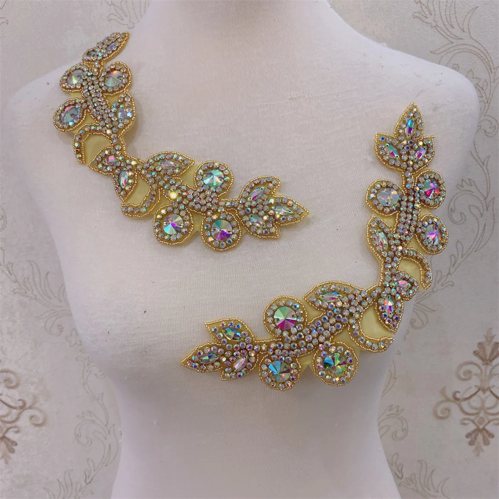 2pcs Handmade Crystal  Rhinestone Applique Iron on  Shoulder Trim for  wedding dress DIY