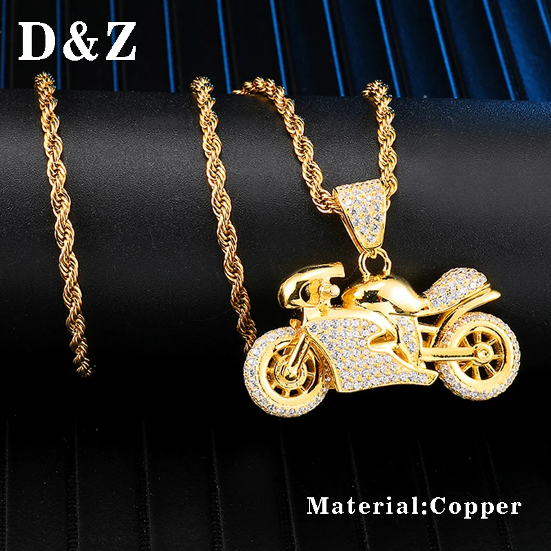 

D&Z Hip Hop Iced Out Bling CZ Motorcycle Pendant Necklace Micro Paved Zircon Collier For Male Street Jewelry