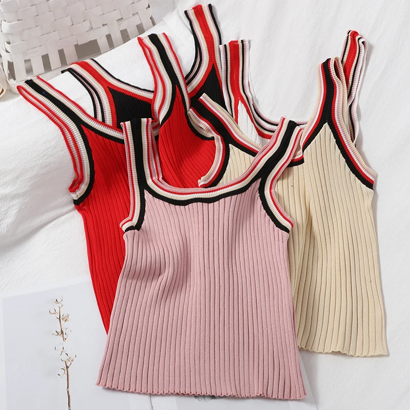 

OUMEA 2020 Summer Crop Camis Top Korean Style Contrast Strap Knitted Camisole Ladies Sleeveless Crop Female Going Out Knit Tops