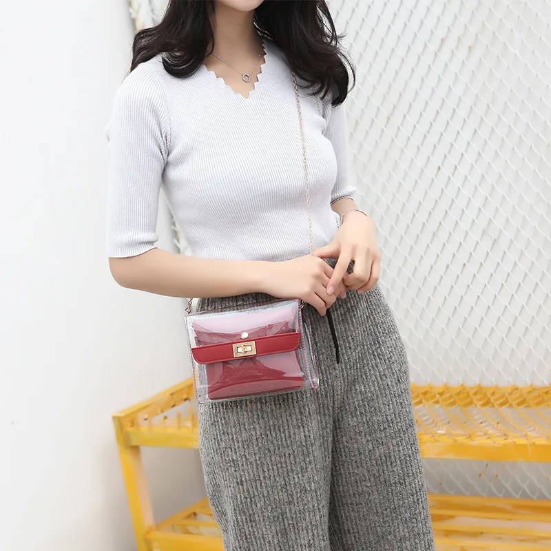

2019 New Style One-Shoulder Cross-body Transparent Lock Picture Jelly Chain Women's Small Square Bag